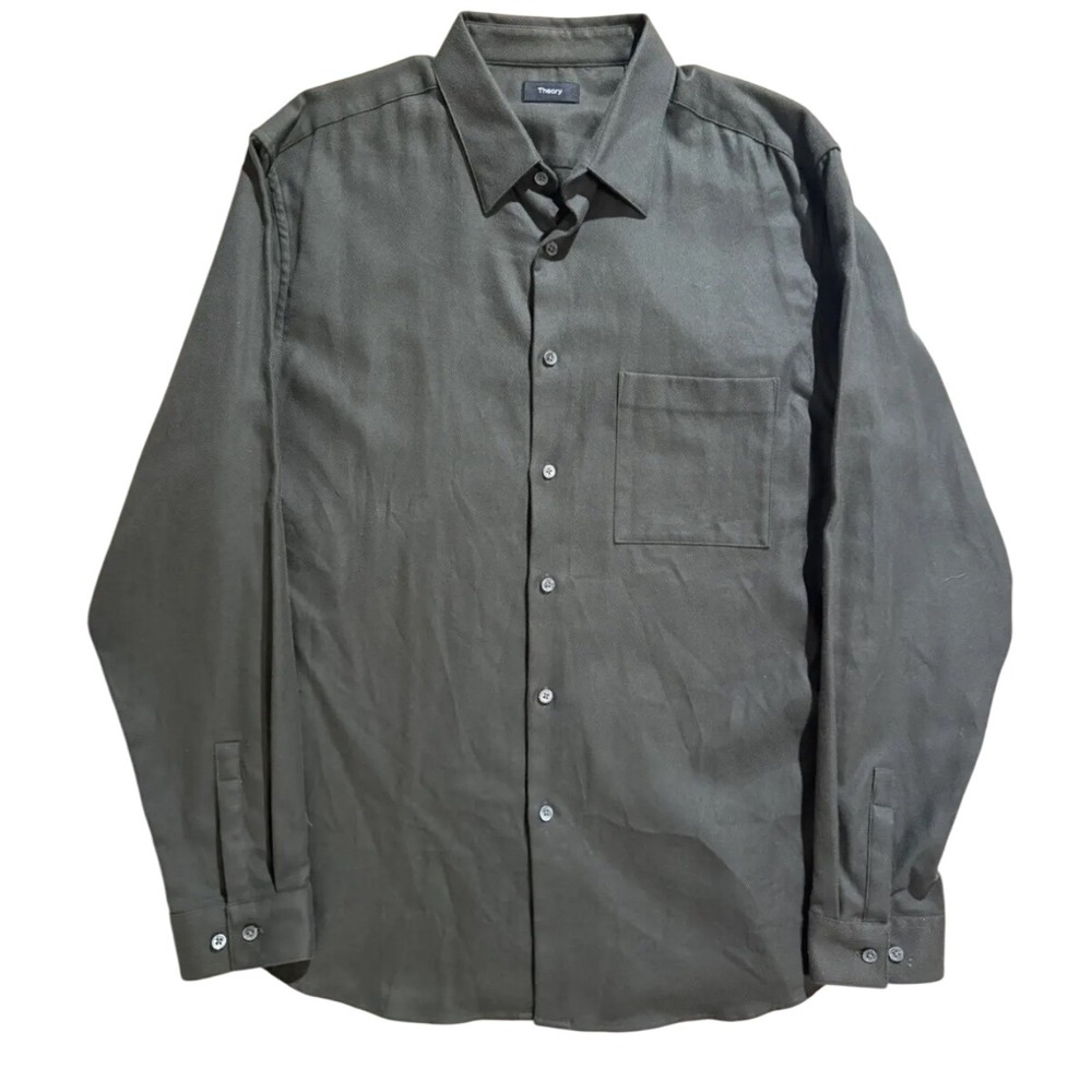 Theory Irving Pocket Cloud Flannel Cotton Button Down Shirt Green‎ XL